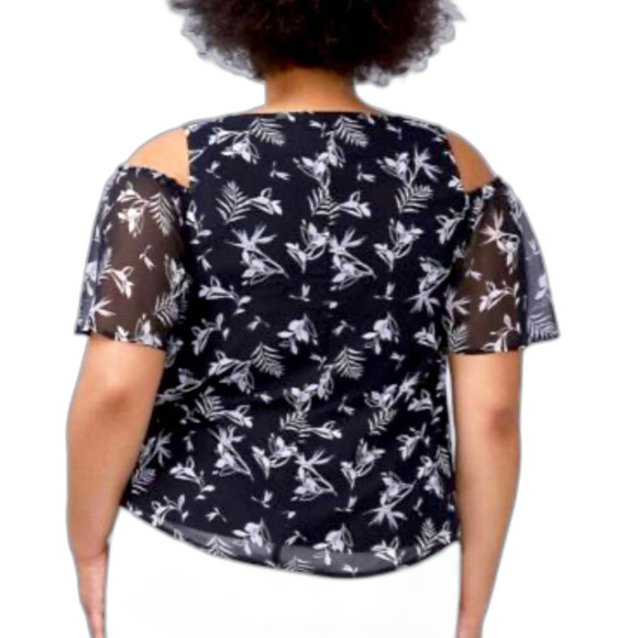 Lane Bryant Chiffon Cold Shoulder Ruffle Black White Floral Print Blouse - Picture 10 of 10